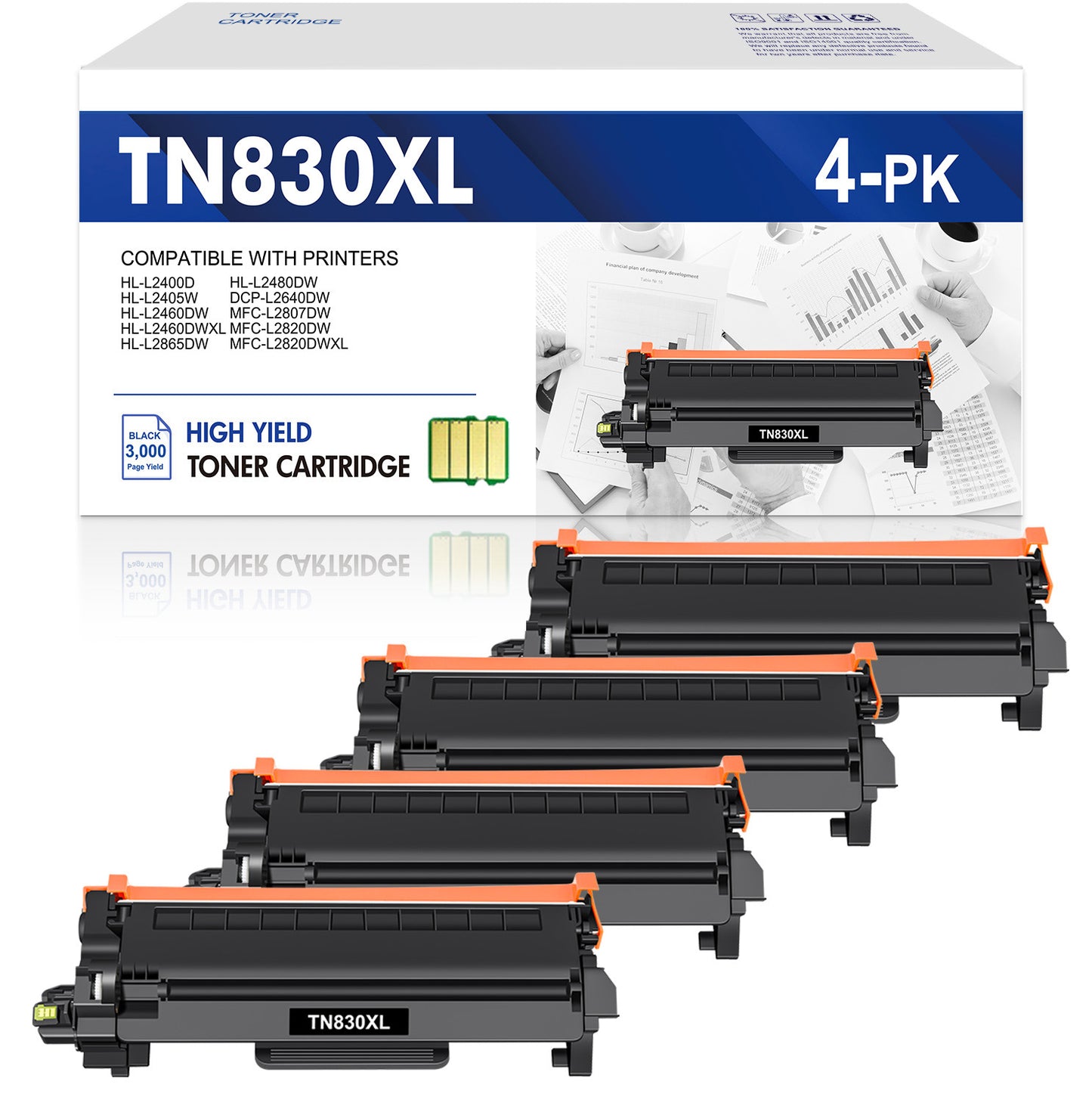 TN830XL Toner Cartridges 4 Pack With Chip Compatible for Brother TN 830XL TN830XL/V DCP-l2640dw HL-l2460dw HL-l2405w MFC-l2820dw MFC-l2760dw HL-l2480dw HL-l2465dw Printer Ink, 830 XL Black