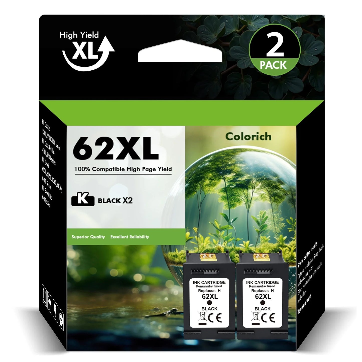62 62XL Ink Cartridges Compatible for HP 62XL 62 2 Pack Black Ink for Envy 5540 5640 5660 7644 5740 5741 8000 OfficeJet 200 250