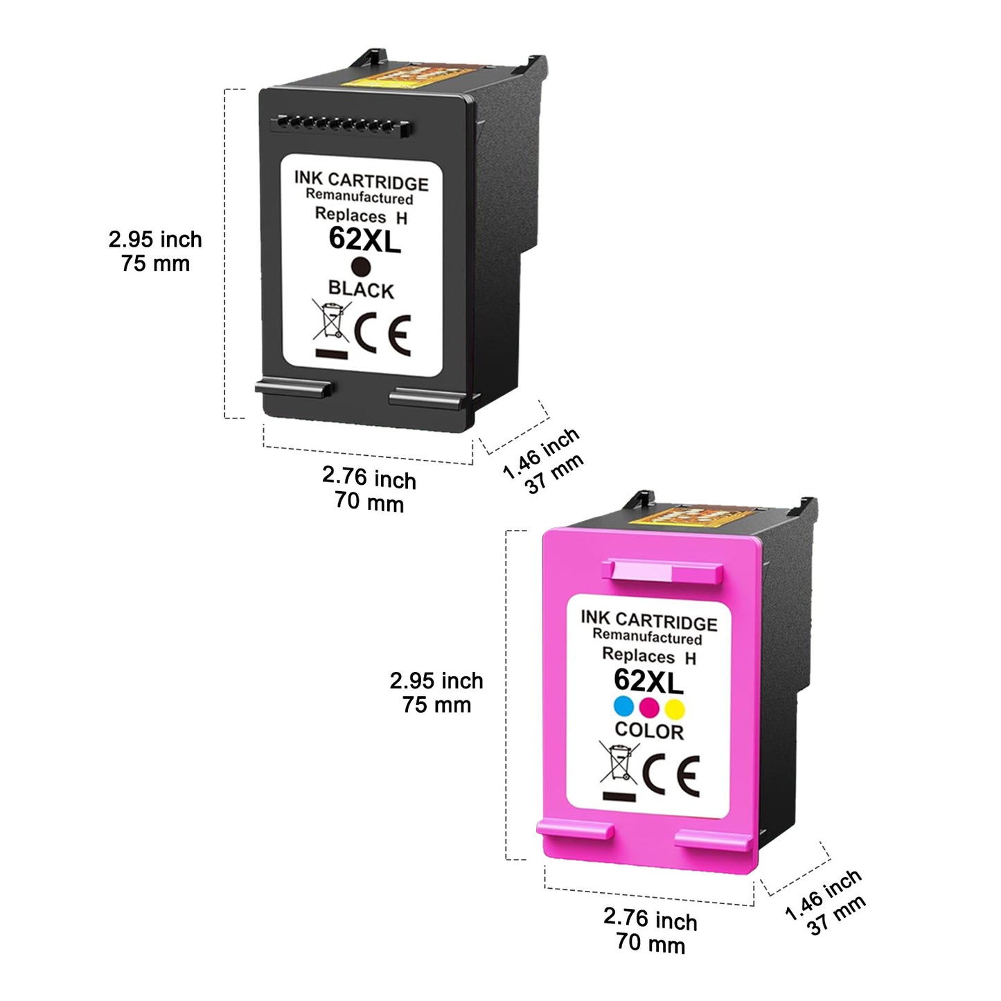 62 62XL Ink Cartridges Compatible for HP 62XL 62 2 Pack for Envy 5540 5640 5660 7644 5740 5741 8000 OfficeJet 200 250 (Black,Tri-color)