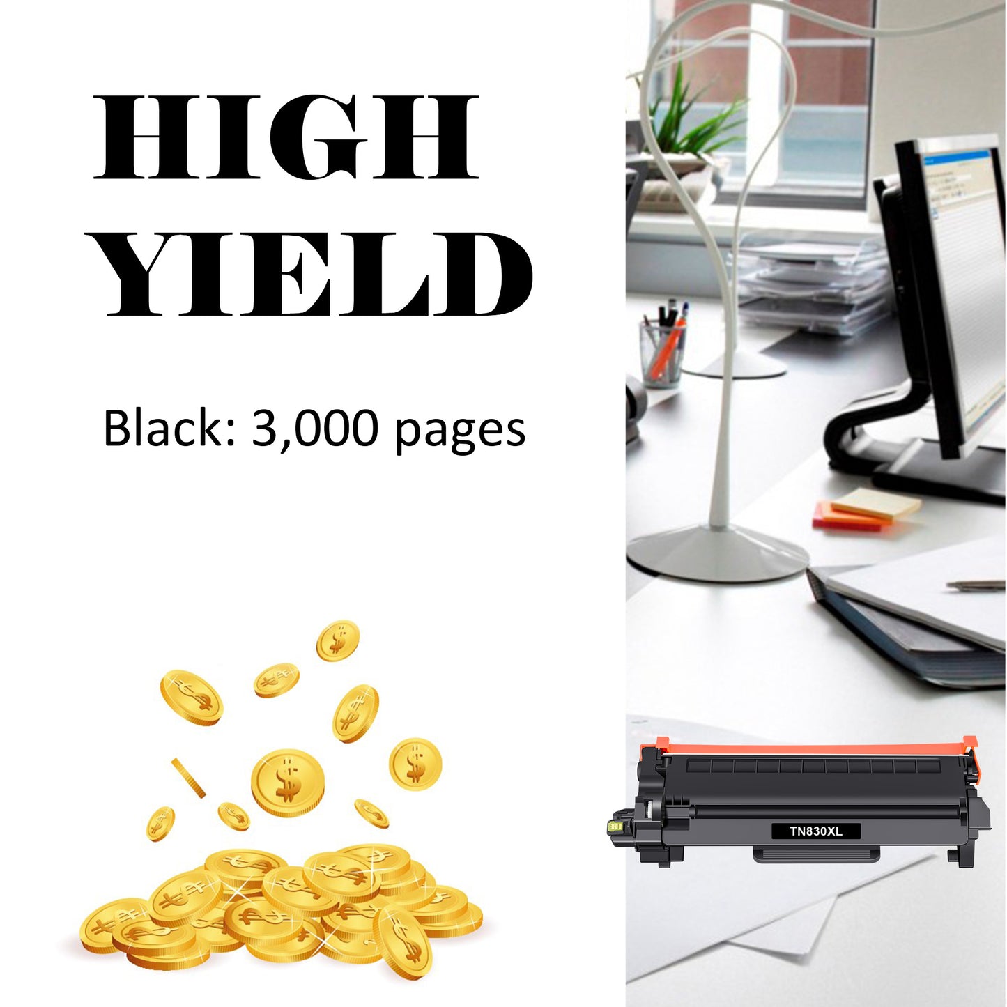 TN830XL TN830 Black High Yield Toner Cartridge Compatible for Brother TN830XL TN830 TN-830 HL-L2460DW HL-L2405W DCP-L2640DW MFC-L2820DW HL-L2400D L2405W L2480DW MFC-L2820DWXL Printer Ink 2-Pack