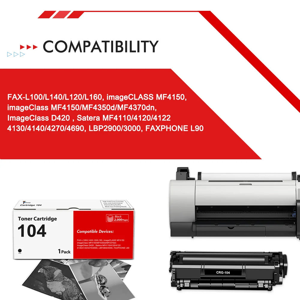 1-Pack 104 Black Toner Cartridge Compatible for Canon 104 CRG 104 CRG104 FAX-L100 MF4370dn D420 Satera MF4110 MF4270 MF4690 LBP2900 FAX-L140 FAXPHONE L90 ImageCLASS MF4150 MF4350d Printer Ink