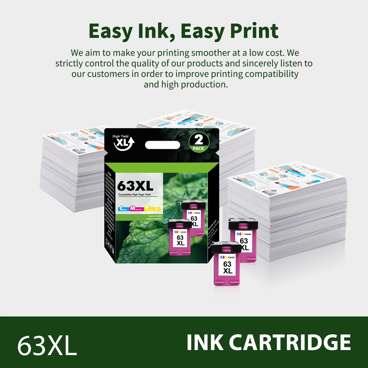 63XL Ink Cartridges 63 63XL Color Ink for Envy 4510 4520 Compatible for OfficeJet 4650 4655 3830 5255 5258 Deskjet 3630 3632 1112 2132 2130 HP63XL (2 Pack Tri-color)