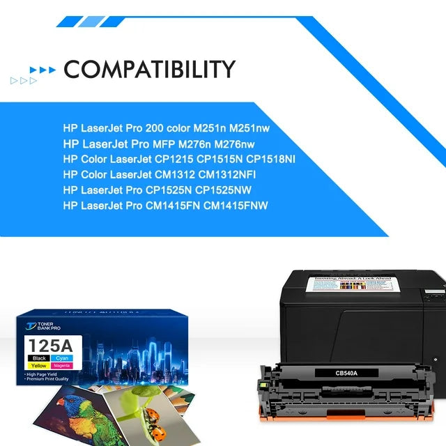 125A Toner Cartridges Compatible for HP 125A 125 A CB540A HP Color Laserjet MFP CP1518ni CM1312nfi CP1215 CM1312 MFP CP1515n CP1518 CP1515 Series Pritner BK/C/Y/M 4PK
