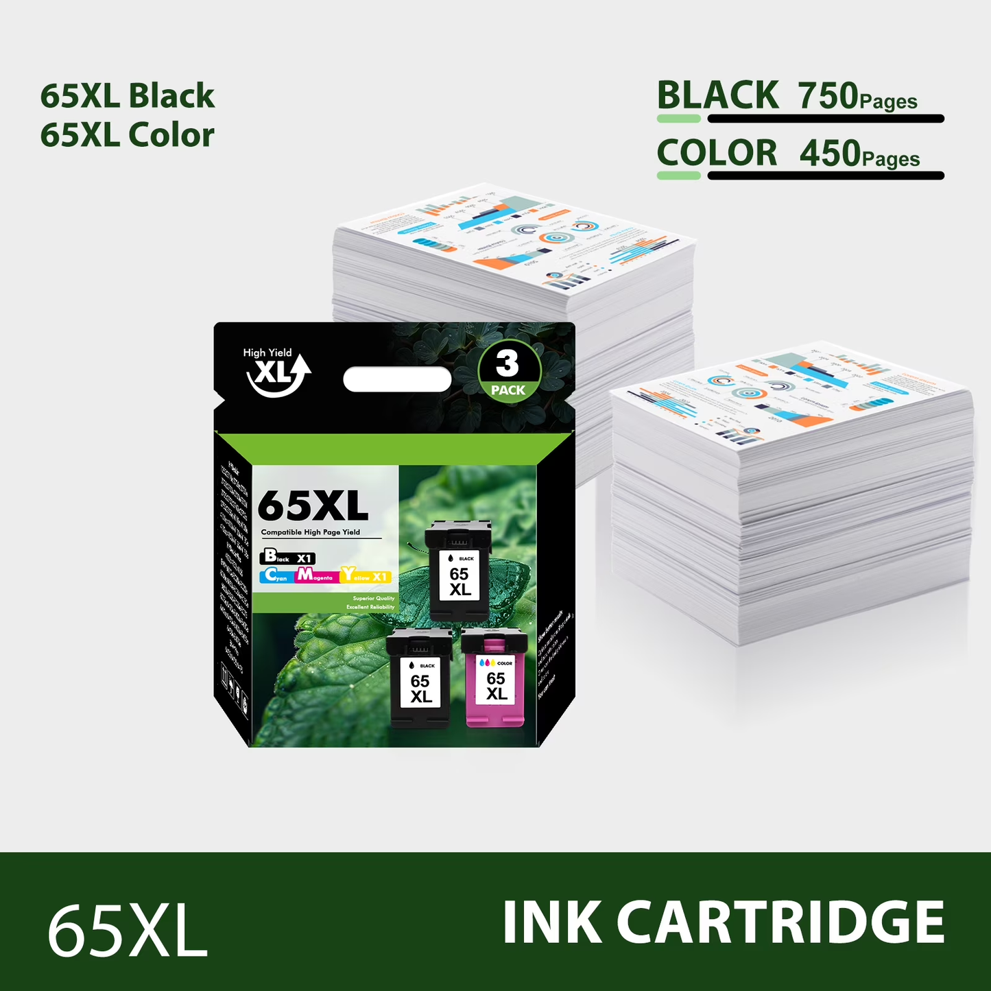 65XL Ink Cartridges Compatible for 65 65XL Black and Color for Envy 5055 5052 5058 Deskjet 3755 2655 2652 3722 2622 2624 2620 (3 Pack, 2 x Black, Tri-color)