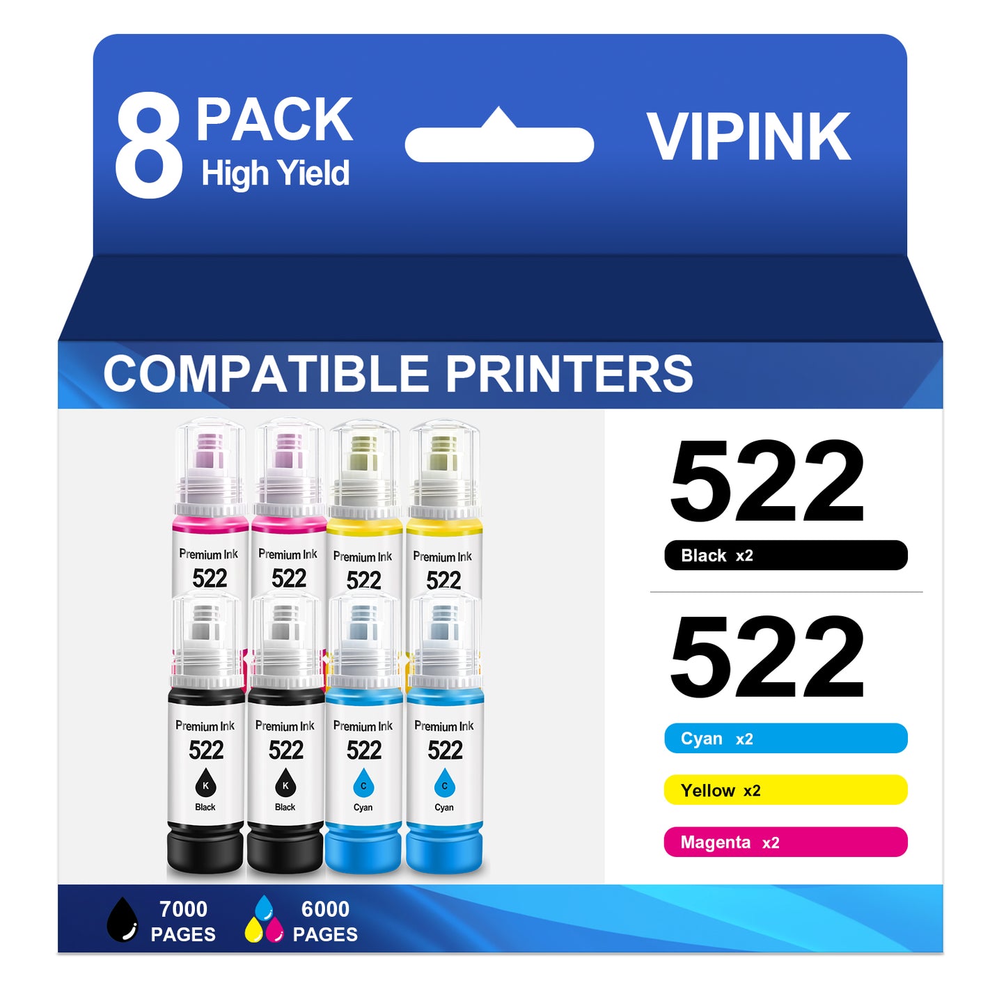 522 Ink Refill Bottles High Compatible for Epson T522 522 Ink Bottles for Epson EcoTank  ET-2800 2400 2720 2803 2840 4700 4800 4810 Printer Ink (8 Pack, 2Black, 2Cyan ,2Magenta ,2Yellow)