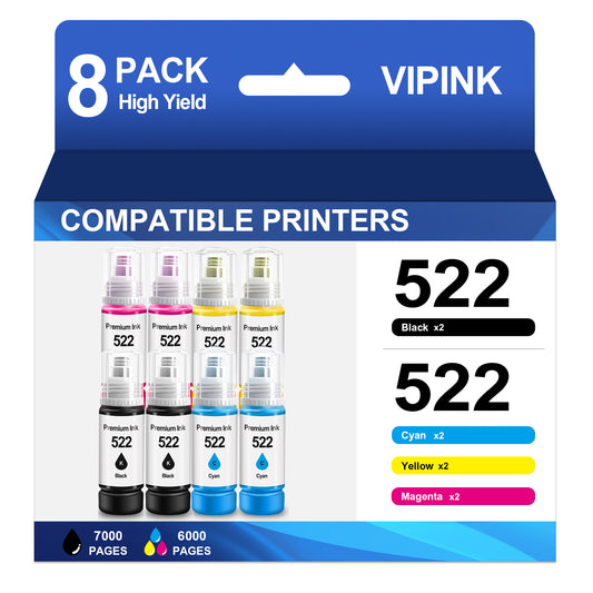 522 Ink Refill Bottles High Compatible for Epson T522 522 Ink Bottles for Epson EcoTank  ET-2800 2400 2720 2803 2840 4700 4800 4810 Printer Ink (8 Pack, 2Black, 2Cyan ,2Magenta ,2Yellow)