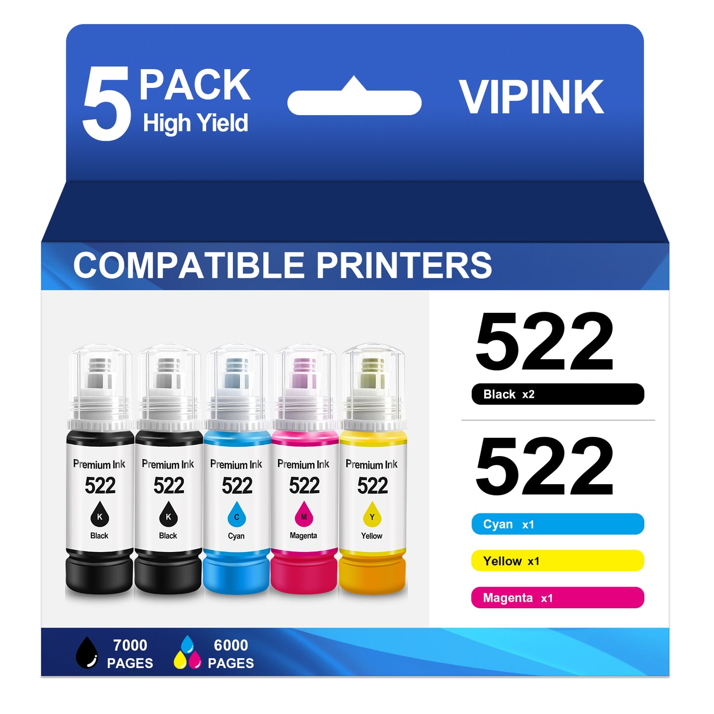522 Ink Refill Bottles High Compatible for Epson T522 522 Ink Bottles for Epson EcoTank  ET-2800 2400 2720 2803 2840 4700 4800 4810 Printer Ink (5 Pack, 2Black, 1Cyan ,1Magenta ,1Yellow)