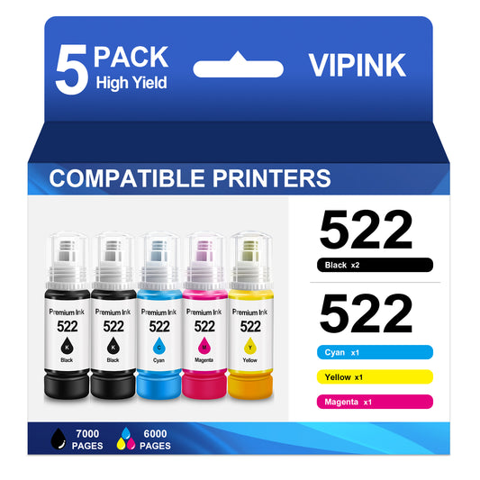 522 Ink Refill Bottles High Compatible for Epson T522 522 Ink Bottles for Epson EcoTank  ET-2800 2400 2720 2803 2840 4700 4800 4810 Printer Ink (5 Pack, 2Black, 1Cyan ,1Magenta ,1Yellow)