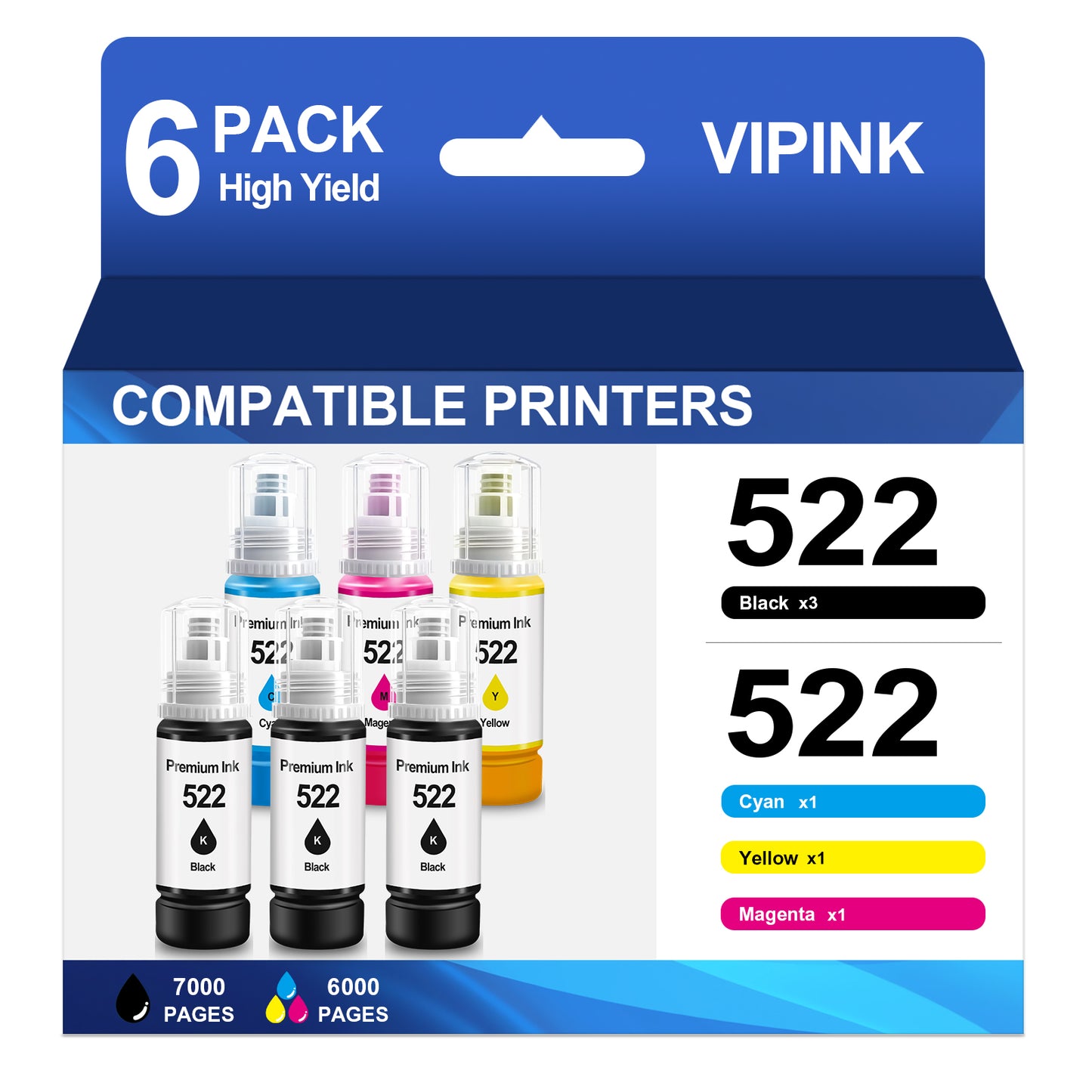 522 Ink Refill Bottles High Compatible for Epson T522 522 Ink Bottles for Epson EcoTank  ET-2800 2400 2720 2803 2840 4700 4800 4810 Printer Ink (6 Pack, 3Black, 1Cyan ,1Magenta ,1Yellow)