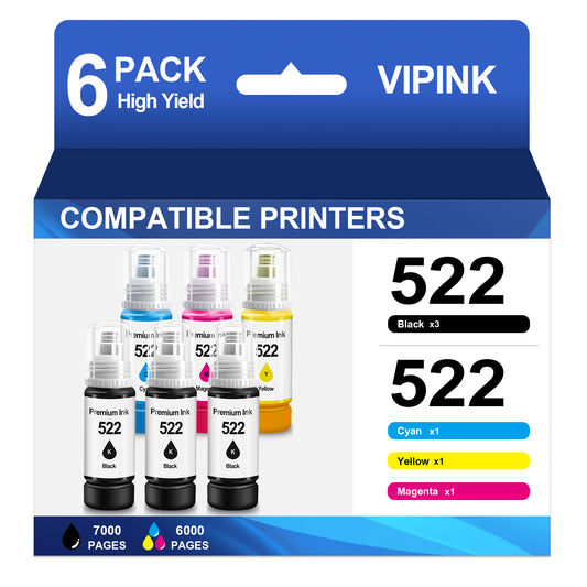 522 Ink Refill Bottles High Compatible for Epson T522 522 Ink Bottles for Epson EcoTank  ET-2800 2400 2720 2803 2840 4700 4800 4810 Printer Ink (6 Pack, 3Black, 1Cyan ,1Magenta ,1Yellow)