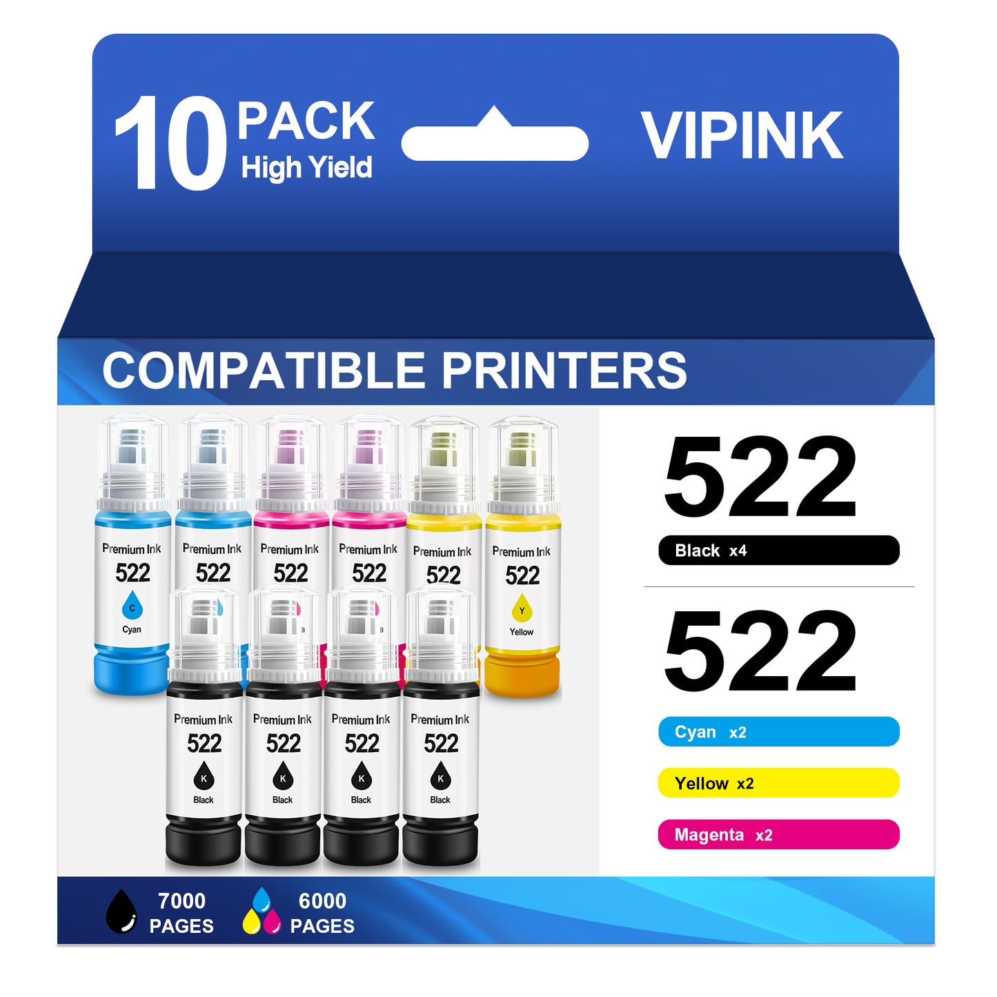 522 Ink Refill Bottles High Compatible for Epson T522 522 Ink Bottles for Epson EcoTank  ET-2800 2400 2720 2803 2840 4700 4800 4810 Printer Ink (10 Pack, 4Black, 2Cyan, 2Magenta, 2Yellow)