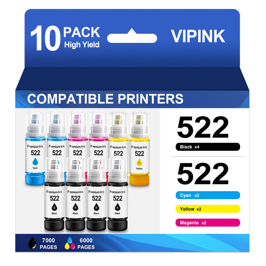 522 Ink Refill Bottles High Compatible for Epson T522 522 Ink Bottles for Epson EcoTank  ET-2800 2400 2720 2803 2840 4700 4800 4810 Printer Ink (10 Pack, 4Black, 2Cyan, 2Magenta, 2Yellow)