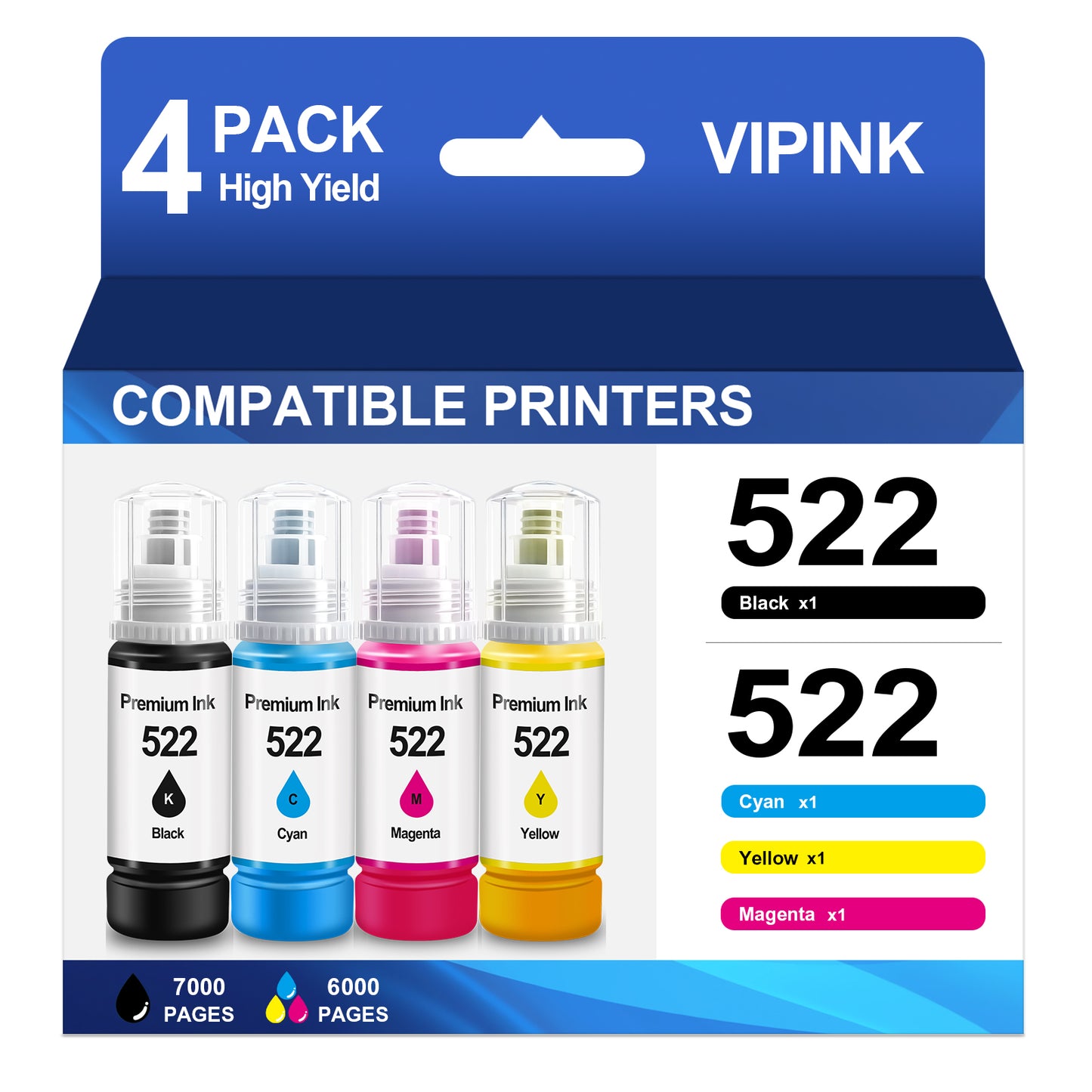 522 Ink Refill Bottles High Compatible for Epson T522 522 Ink Bottles for Epson EcoTank  ET-2800 2400 2720 2803 2840 4700 4800 4810 Printer Ink (4 Pack, Black, Cyan ,Magenta ,Yellow)