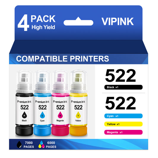 522 Ink Refill Bottles High Compatible for Epson T522 522 Ink Bottles for Epson EcoTank  ET-2800 2400 2720 2803 2840 4700 4800 4810 Printer Ink (4 Pack, Black, Cyan ,Magenta ,Yellow)