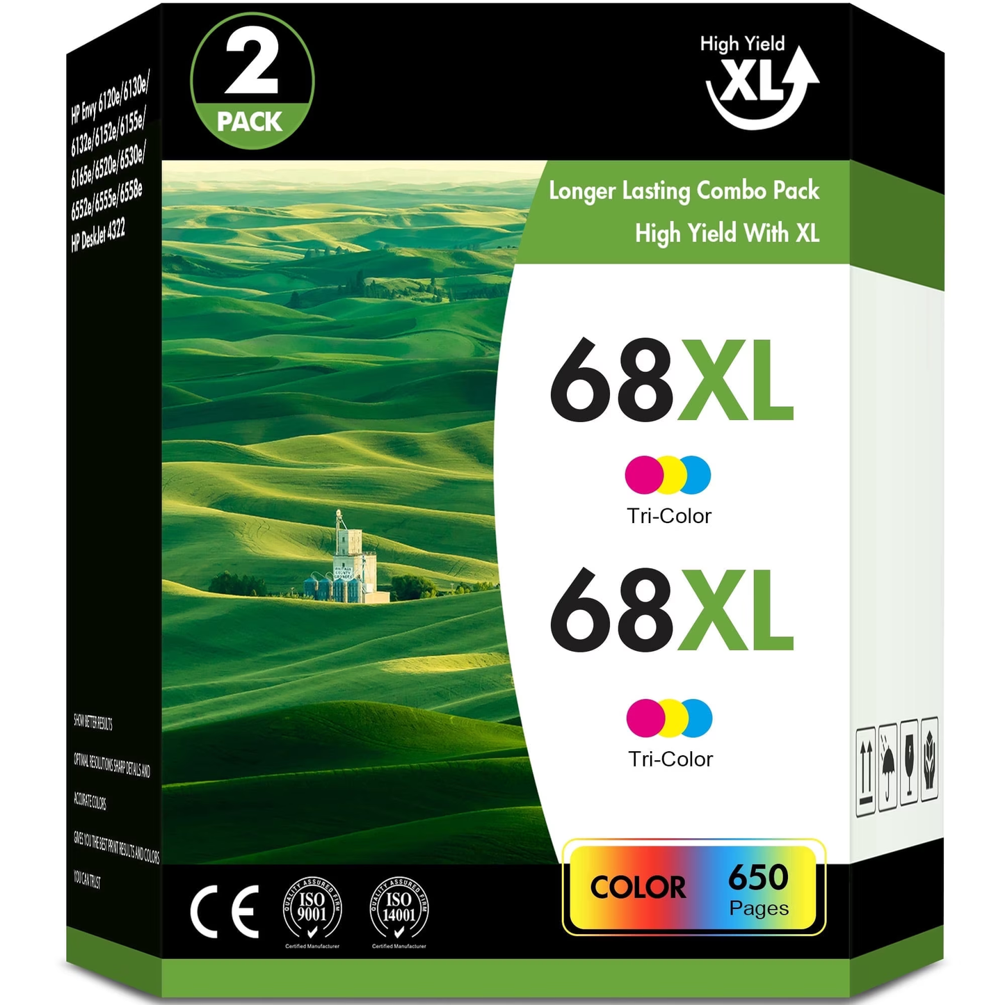 68XL Ink Cartridges Compatible with HP 68 Ink Cartridge Tri-Color 2 Pack for Envy 6120e 6152e 6155e 6552e 6555e 6558e Printer (2 Tri-Color)