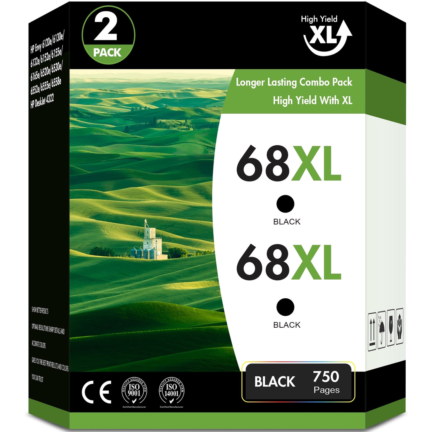 68 Ink Cartridge Compatible for HP 68 Ink Cartridge Black 2 Pack for Envy 6120e 6152e 6155e 6552e 6555e 6558e Printer (2 Black)