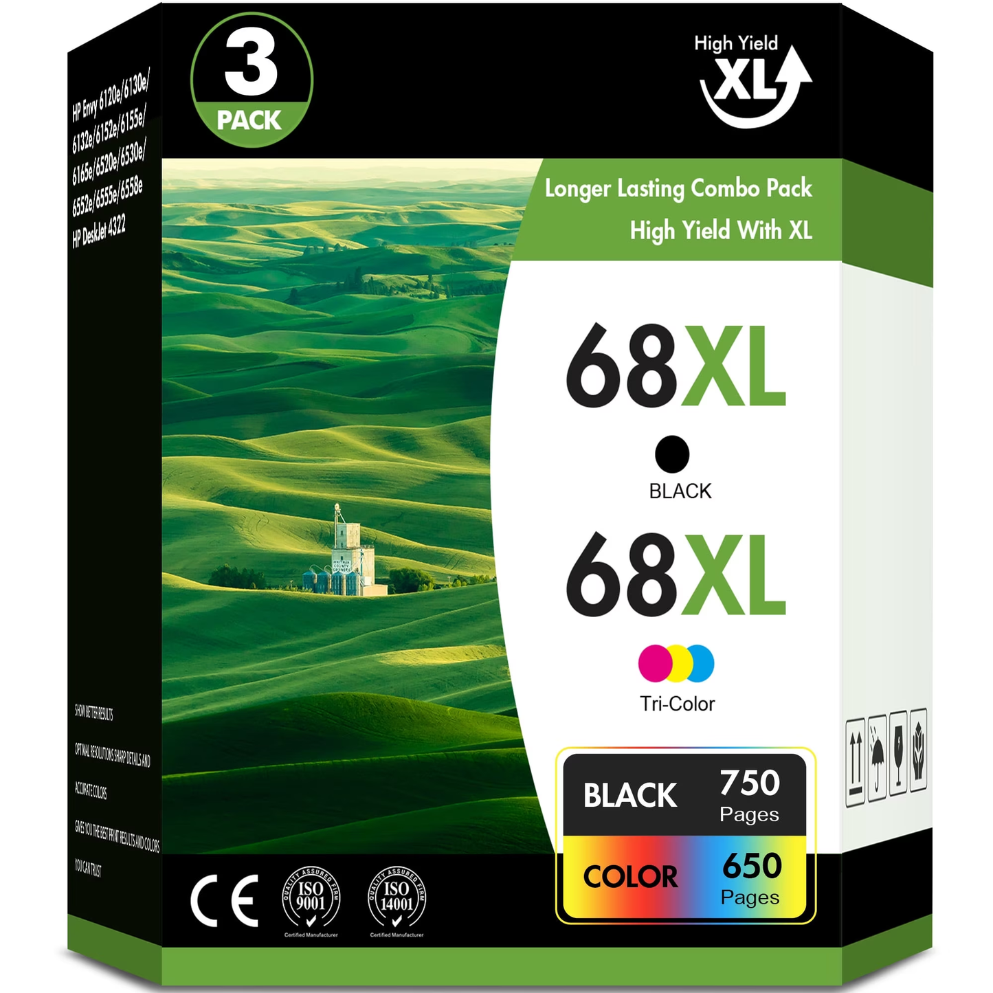 68 Ink cartridge Compatible for HP Ink 68 68e 68XL Ink Cartridge for Envy 6120e 6152e 6155e 6552e 6555e 6558e Printer (2 Black 1 Tri-color)