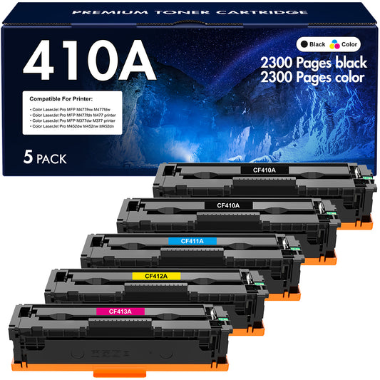 410A Toner Cartridges Compatible for HP 410A 410X CF410A CF410X M477fnw Color Laserjet Pro MFP M477fdn M452dn M477fdw M452nw M452dw M377dw M477 M452 Printer Ink (5 Pack)