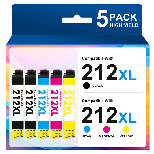 212XL Ink Cartridges 5-Pack, Compatible for Epson 212XL 212 Printer Ink Combo Pack for WorkForce WF-2850 WF-2830 Expression Home XP-4100 XP-4105 ( 2 x Black, Cyan, Magenta, Yellow )