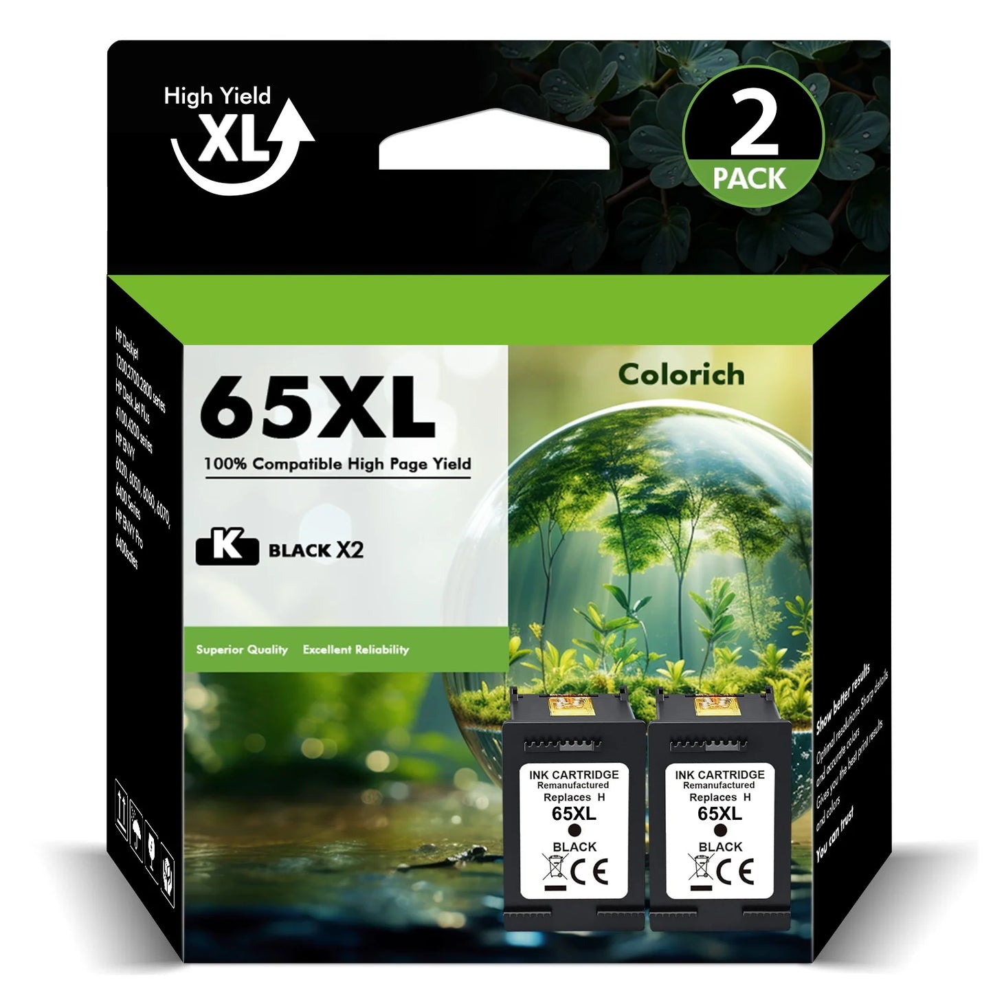 65 65XL Ink Cartridges Compatible for HP 65XL 65 2 Pack Black Ink for Envy 5055 5052 5058 Deskjet 3755 2655 2652 3722 2622 2624 2620 (2 Black)
