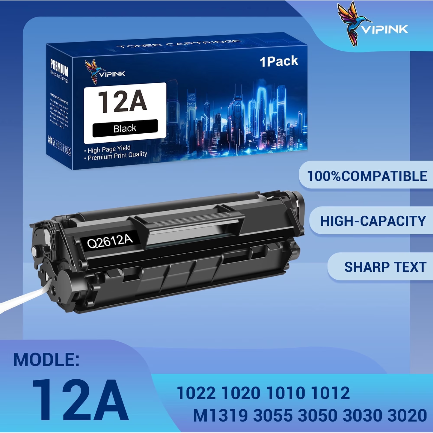 VIPInk 12A Toner Cartridge Black Compatible for 12A Q2612A Laserjet 1020 1022 1012 1010 1015 1018 1022n 1022NW 3015 3030 3020 3050 3052 3055 M1005 M1319 M1319F Printer Ink Q2612D Pack-1 Black
