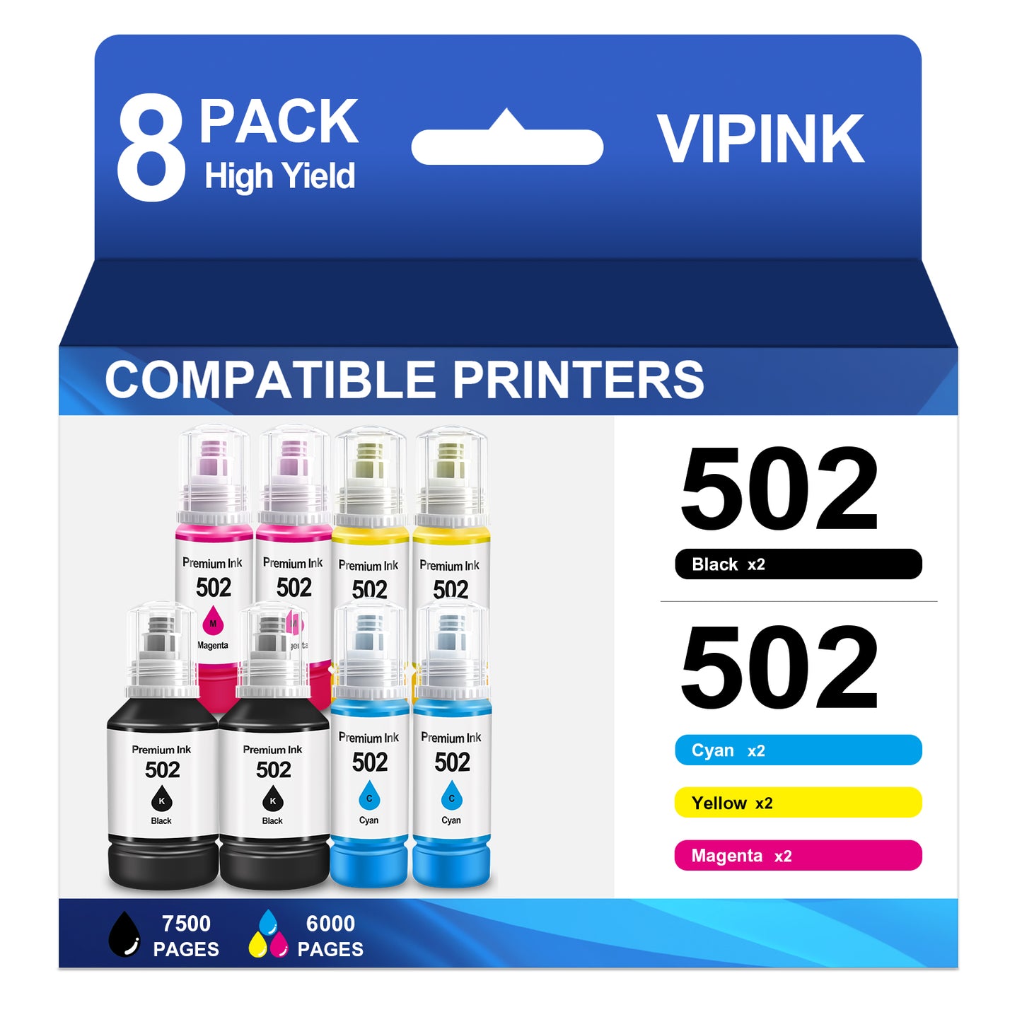 502 Ink Bottle Compatible with Epson 502 Ink Bottles for EcoTank ET-4760 3850 Printer(2*Black 2*Cyan 2*Magenta 2*Yellow, 8 Pack)