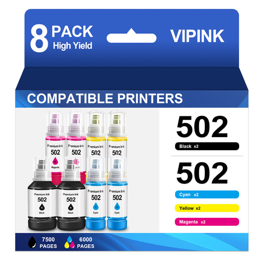 502 Ink Bottle Compatible with Epson 502 Ink Bottles for EcoTank ET-4760 3850 Printer(2*Black 2*Cyan 2*Magenta 2*Yellow, 8 Pack)