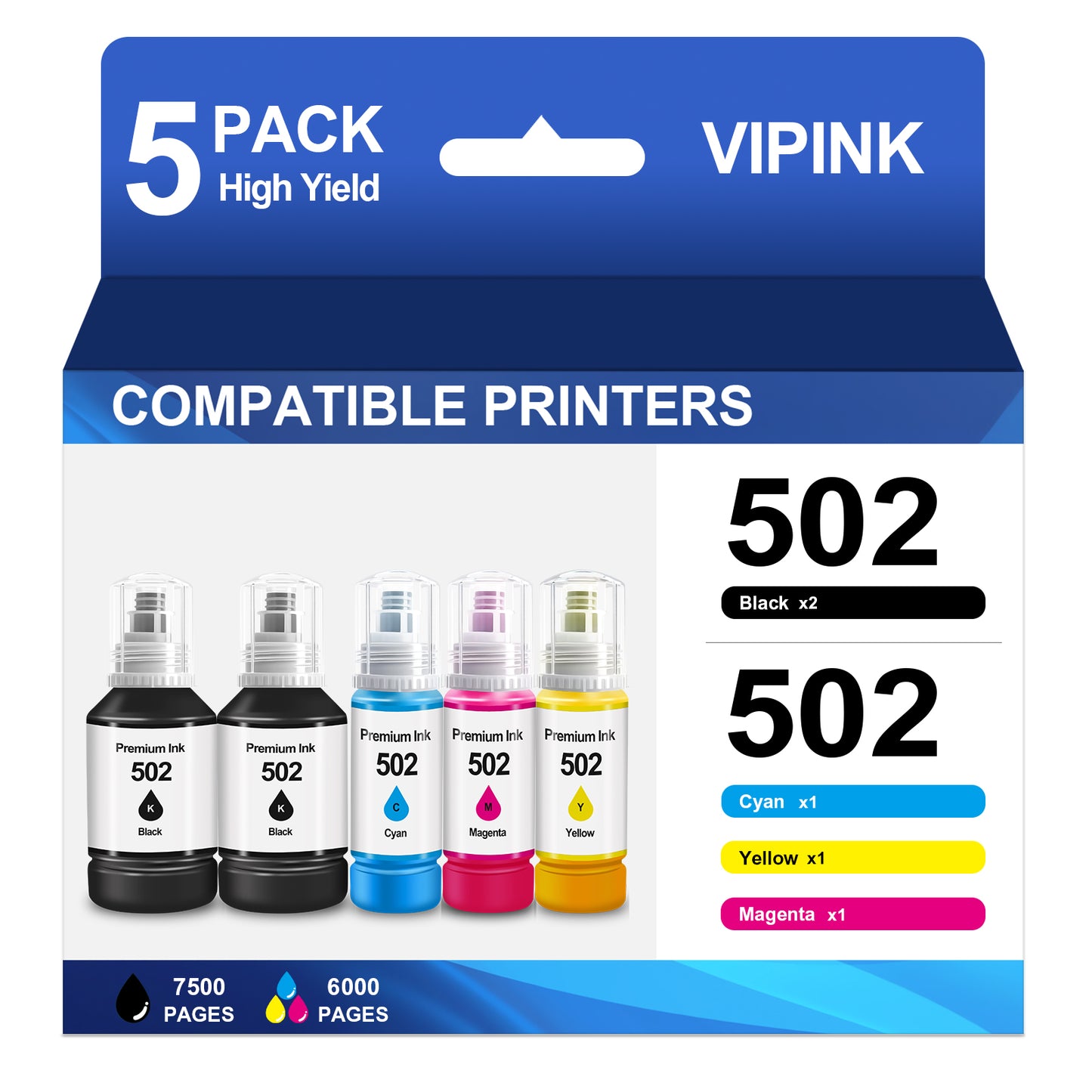 502 Ink Bottle Compatible with Epson 502 Ink Bottles for EcoTank ET-4760 3850 Printer(2*Black Cyan Magenta Yellow, 5 Pack)