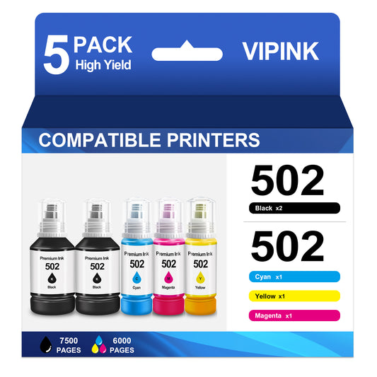 502 Ink Bottle Compatible with Epson 502 Ink Bottles for EcoTank ET-4760 3850 Printer(2*Black Cyan Magenta Yellow, 5 Pack)
