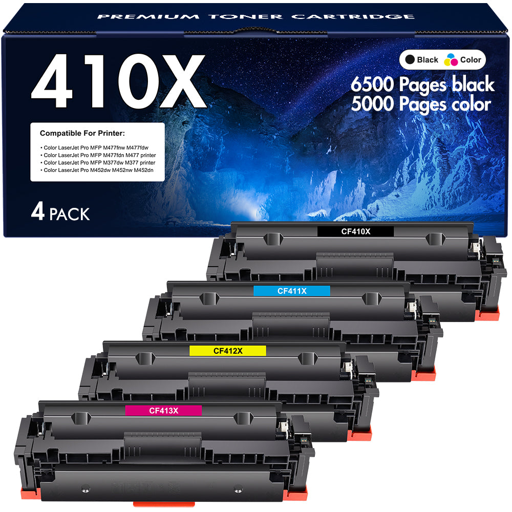 410X High Yield Toner Cartridges Compatible for HP 410X CF410X 410A CF410A Laserjet MFP M477fnw M477fdw M477fdn M452dn M452nw M452dw M477 M452 M377 Printer Ink (4 Pack, Black/Cyan/Yellow/Magenta)