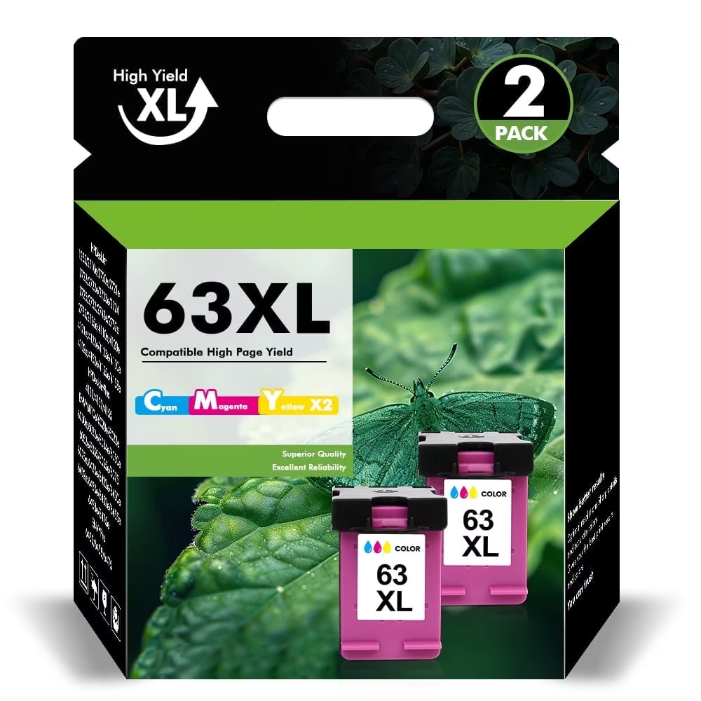 63XL Ink Cartridges 63 63XL Color Ink for Envy 4510 4520 Compatible for OfficeJet 4650 4655 3830 5255 5258 Deskjet 3630 3632 1112 2132 2130 HP63XL (2 Pack Tri-color)