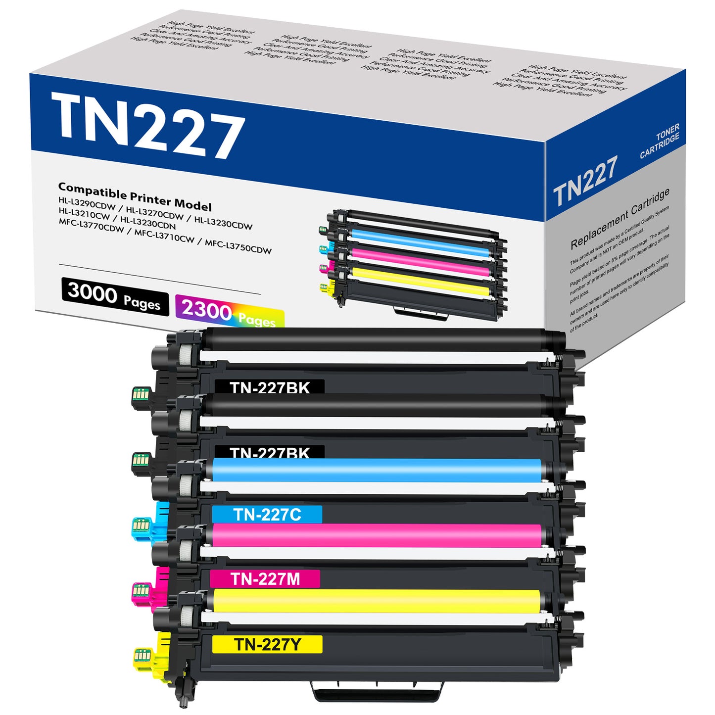 TN-227 High Yield Toner Cartridge 5-Pack Compatible for Brother TN227 TN223 TN-227BK/C/M/Y HL-L3270CDW HL-L3210CW HL-L3230CDW HL-L3290CDW MFC-L3710CW MFC-L3750CDW MFC-L3770CDW Printer