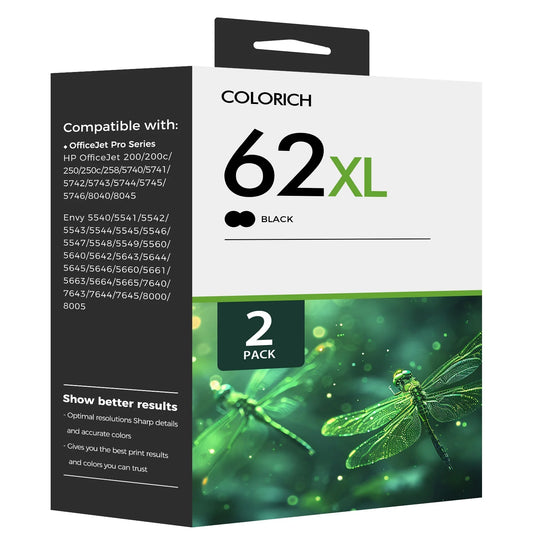 62XL 62 Ink Cartridges Compatible for HP 62XL 62 2 Pack Black Ink for Envy 5540 5640 5660 7644 5740 5741 8000 OfficeJet 200 250 (2 Black)