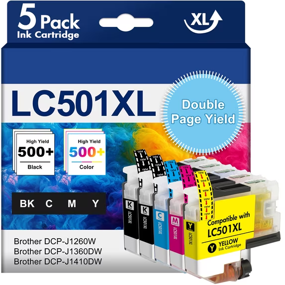 LC501XL Ink Cartridges Compatible for LC501XL LC501 ink for Brother LC501 Ink Cartridge for Brother MFC-J1260DW MFC-J1360DW MFC-J1410DW Printer, 5 Pack