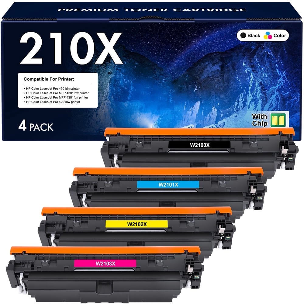 Compatible for 210X Toner Cartridges High Yield with Chip 210A Toner Color Laserjet Pro MFP 4301fdw 4301fdn Pro 4201dw 4201dn Series Printer W2100X W2100A Ink (BK/C/M/Y 4 Pack)