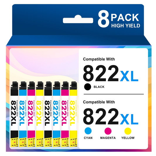 822XL Ink Cartridges 8 Pack, Compatible for Epson 822XL 822 Printer Ink for WorkForce Pro WF-3820 WF-4820 WF-4830 WF-4833 WF-4834 WF-3823 (2 x Black,2 x Cyan,2 x Magenta,2 x Yellow)