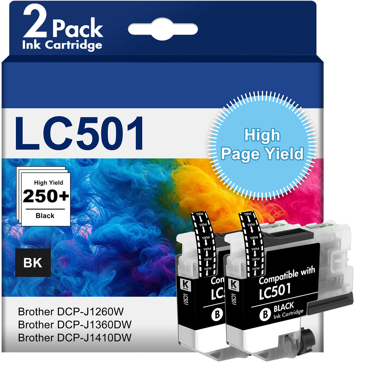 LC501 Ink Cartridges Compatible for Brother LC501 LC501XL Black Ink Cartridges for MFC-J1360DW MFC-J1260W MFC-J1410DW Printer (2 Pack)