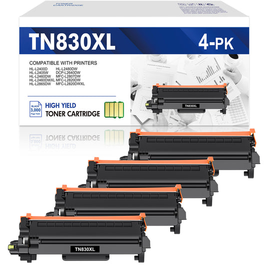 TN830XL Toner Cartridges 4 Pack With Chip Compatible for Brother TN 830XL TN830XL/V DCP-l2640dw HL-l2460dw HL-l2405w MFC-l2820dw MFC-l2760dw HL-l2480dw HL-l2465dw Printer Ink, 830 XL Black