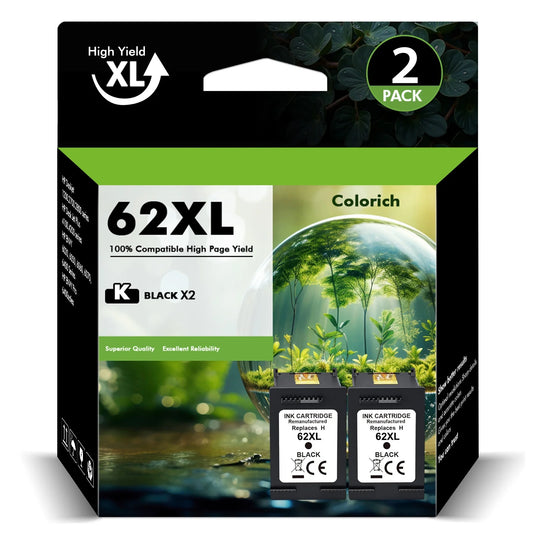 62 62XL Ink Cartridges Compatible for HP 62XL 62 2 Pack Black Ink for Envy 5540 5640 5660 7644 5740 5741 8000 OfficeJet 200 250
