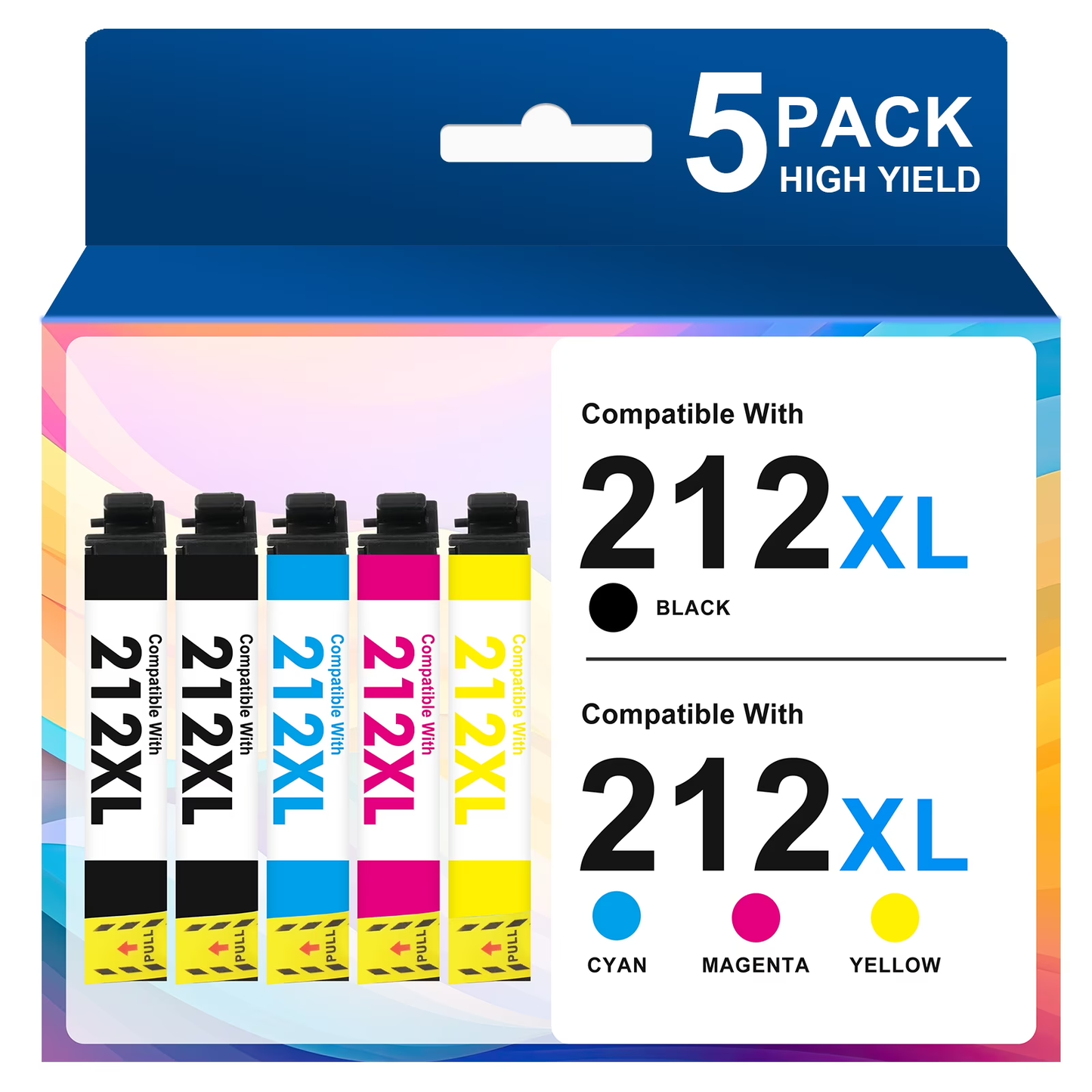212XL Ink Cartridges 5-Pack, Compatible for Epson 212XL 212 Printer Ink Combo Pack for WorkForce WF-2850 WF-2830 Expression Home XP-4100 XP-4105 ( 2 x Black, Cyan, Magenta, Yellow )