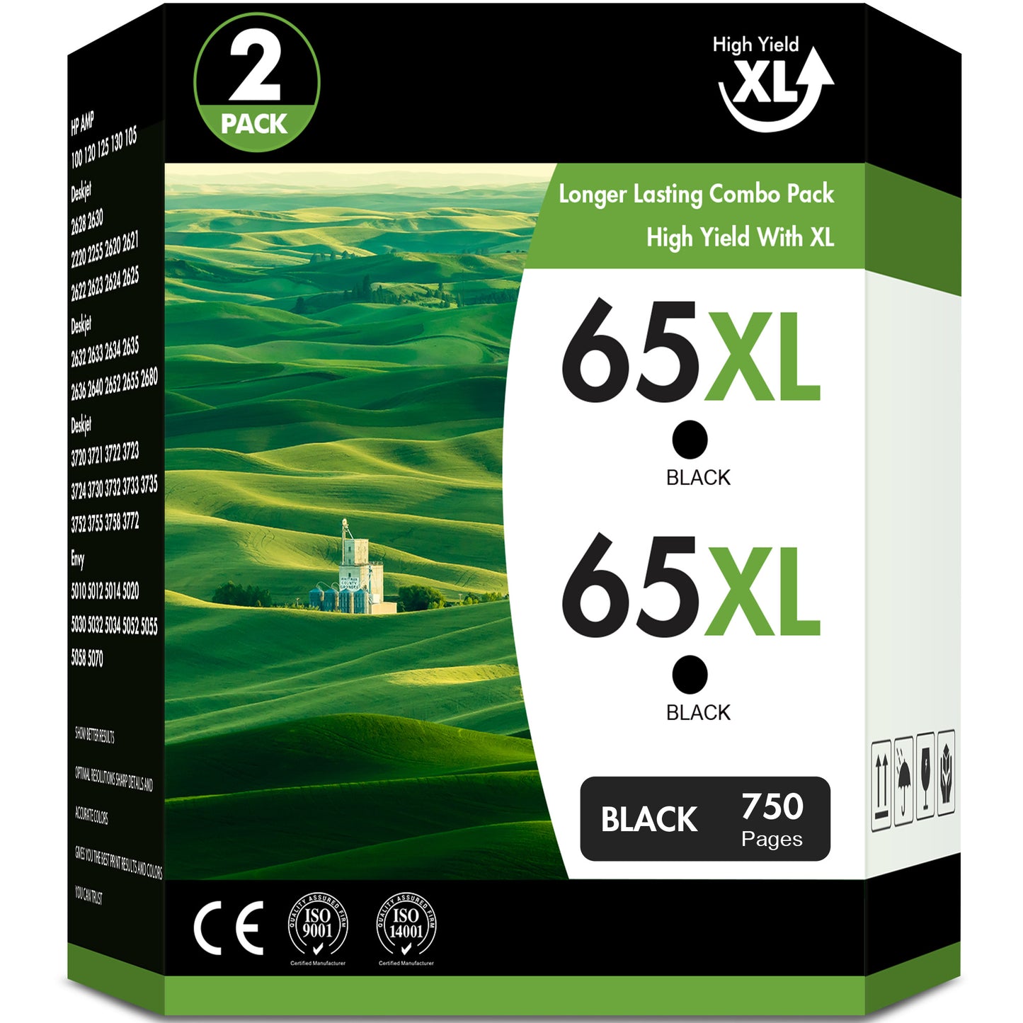 65XL Ink Cartridges Compatible for HP 65 XL Black Ink Cartridge for Deskjet 3755 3752 3772 2622 ENVY 5052 5055 Printer (2 Black)
