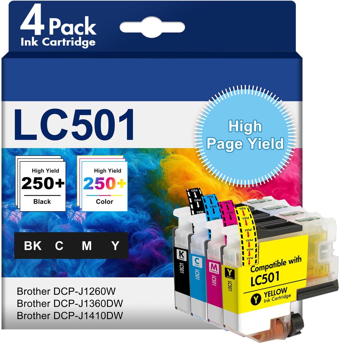LC501 Ink Cartridges Compatible for Brother LC501 LC501XL Ink Cartridges for MFC-J1360DW MFC-J1260W MFC-J1410DW Printer (4 Pack)