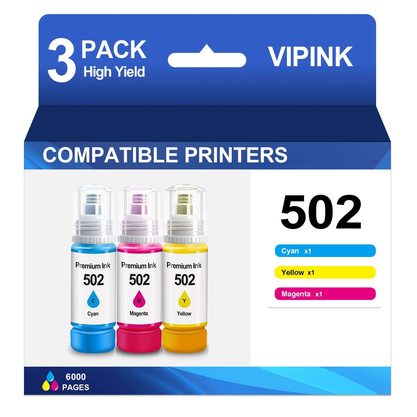 502 Ink Bottle Compatible with Epson 502 Ink Bottles for EcoTank ET-4760 3850 Printer(Cyan Magenta Yellow, 3 Pack)
