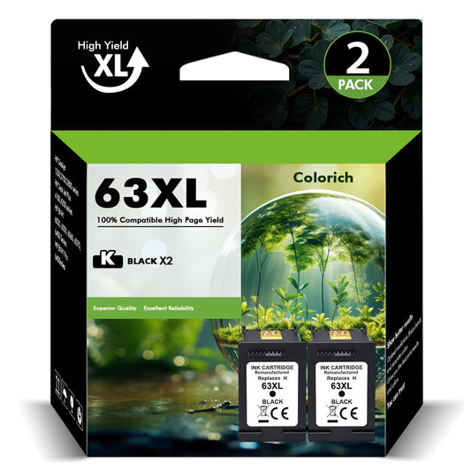 63XL 63 Ink Cartridges Compatible for HP 63XL 63 2 Pack Black Ink for Envy 4510 4520 OfficeJet 4650 4655 3830 5255 5258 Deskjet 3630 3632 1112 2132 2130 (2 Black)