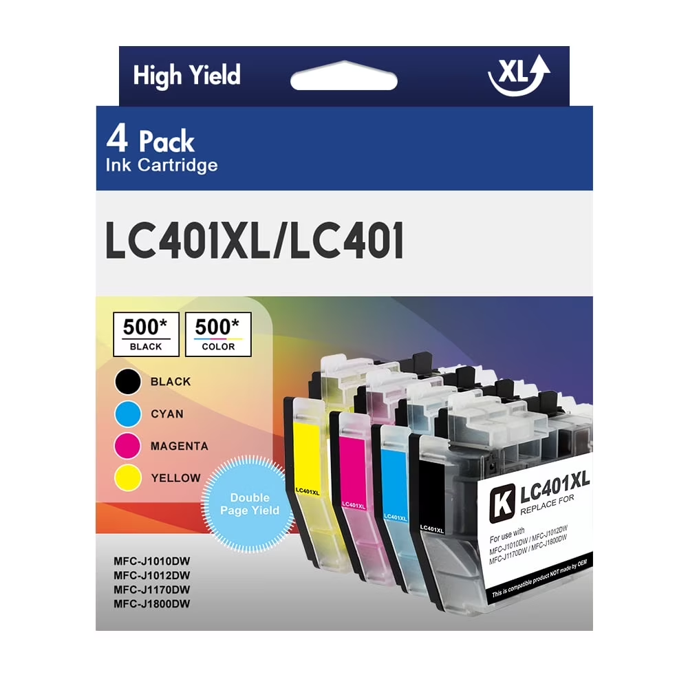 LC401 Ink Cartridge for Brother LC401 LC401XL Ink for Brother MFC-J1010DW MFC-J1012DW MFC-J1170DW Printer (Black Cyan Magenta Yellow, 4 Pack) | LC401 XL High Yield Ink