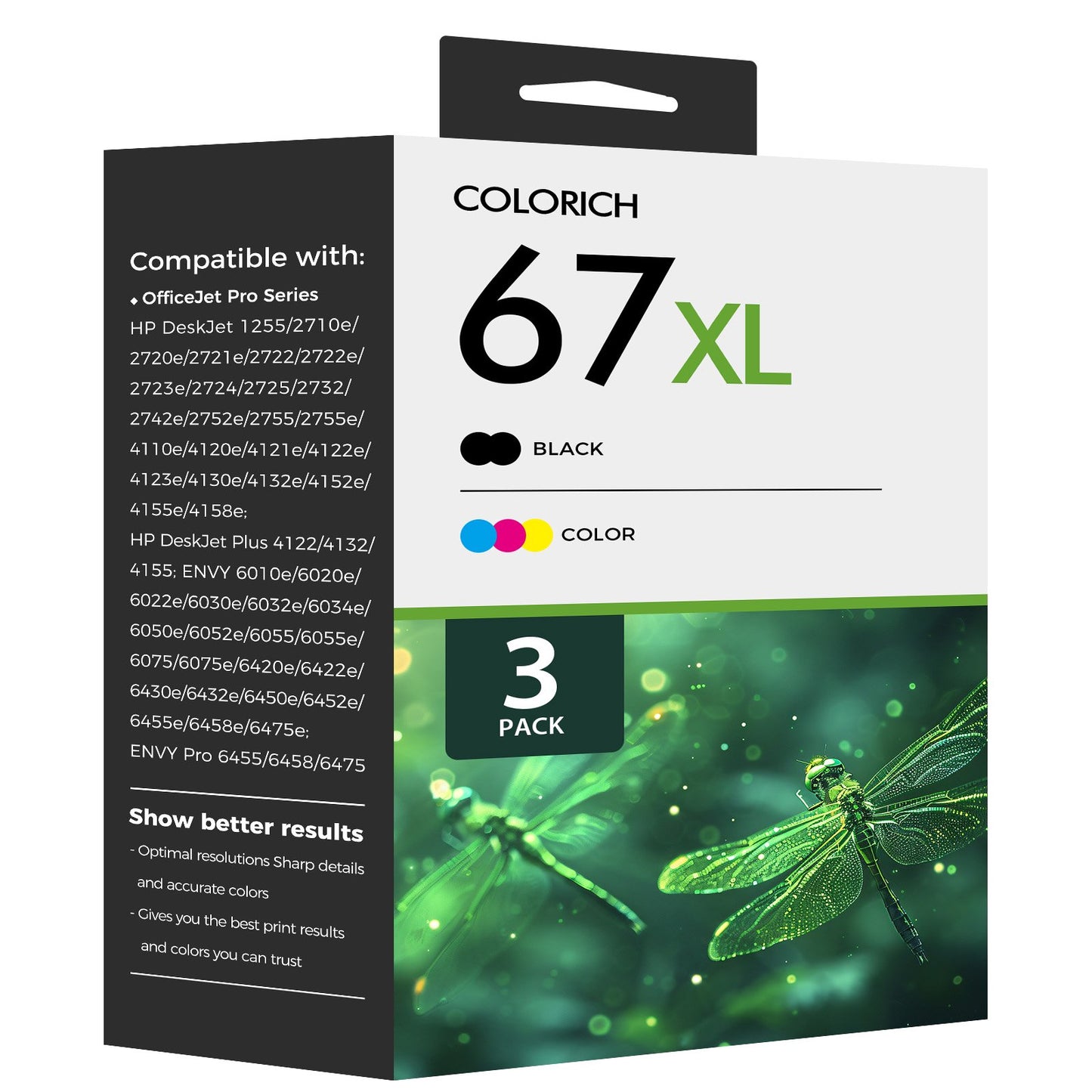 67 67XL Ink Cartridges Compatible for HP 67XL 67 Ink Combo Pack for OfficeJet 2755 4155 2722 2723 2724 2725 2732 Envy 6055 6455 6458 6475 Printer Ink (3 Pack, 2 Black, 1 Tri-color)