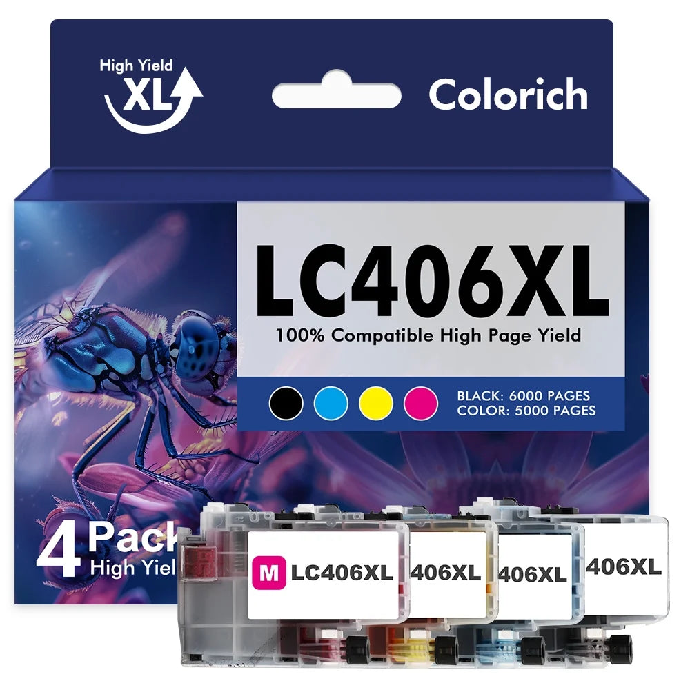 LC406 LC406XL Ink Cartridge for Brother Printer 406XL High Yield for MFC-J4335DW MFC-J5855DW MFC-J6555DW MFC-J4535DW MFC-J6955DW MFC-J4345DW MFC-J5955DW (4 Pack, Black Cyan Magenta Yellow)