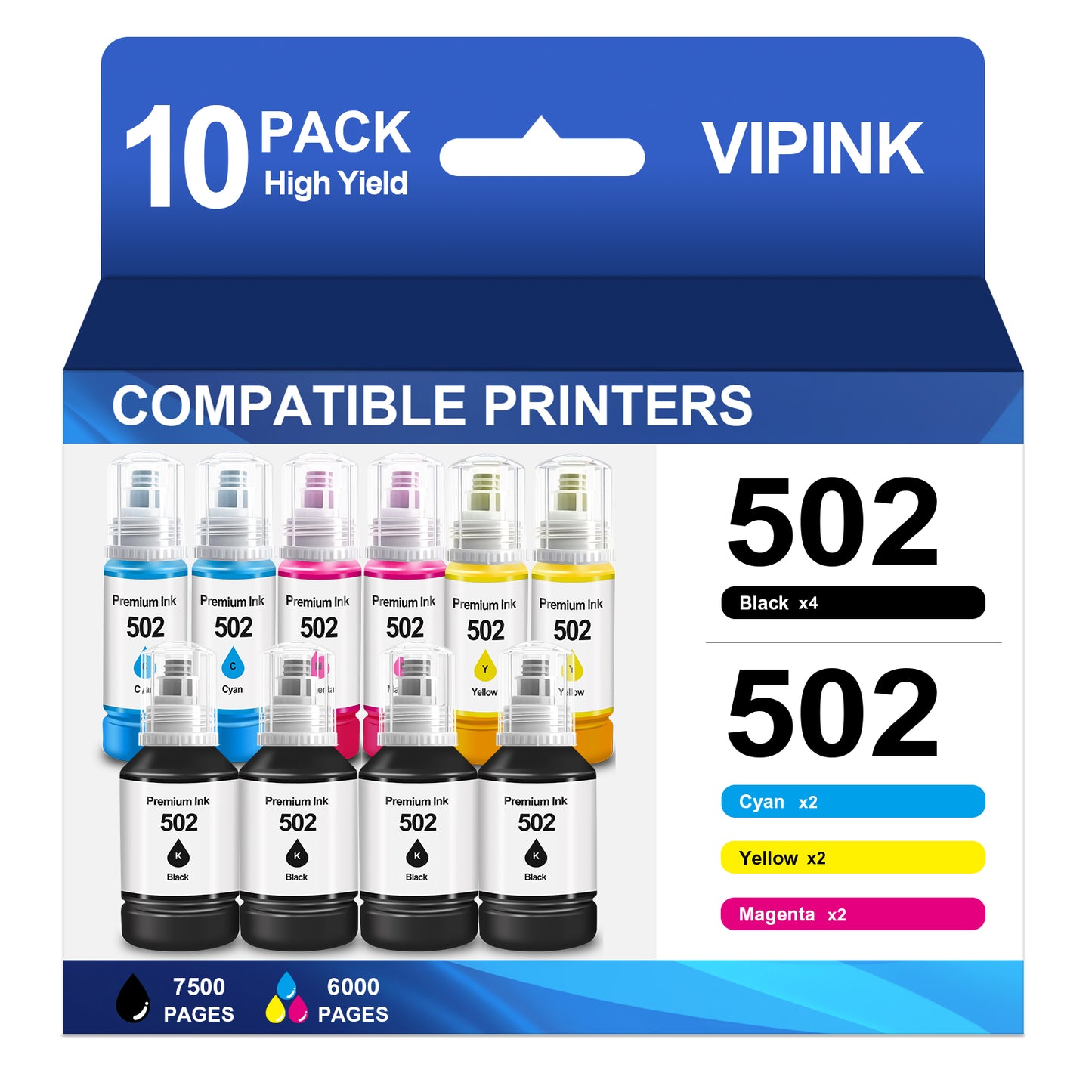 502 Ink Bottle Compatible with Epson 502 Ink Bottles for EcoTank ET-4760 3850 Printer(4*Black 2*Cyan 2*Magenta 2*Yellow, 10 Pack)