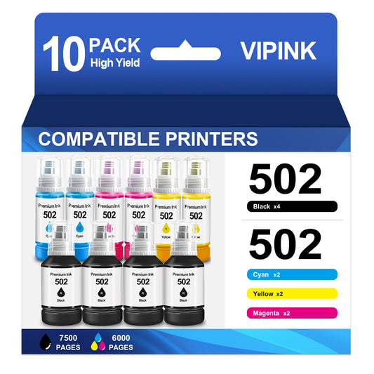 502 Ink Bottle Compatible with Epson 502 Ink Bottles for EcoTank ET-4760 3850 Printer(4*Black 2*Cyan 2*Magenta 2*Yellow, 10 Pack)