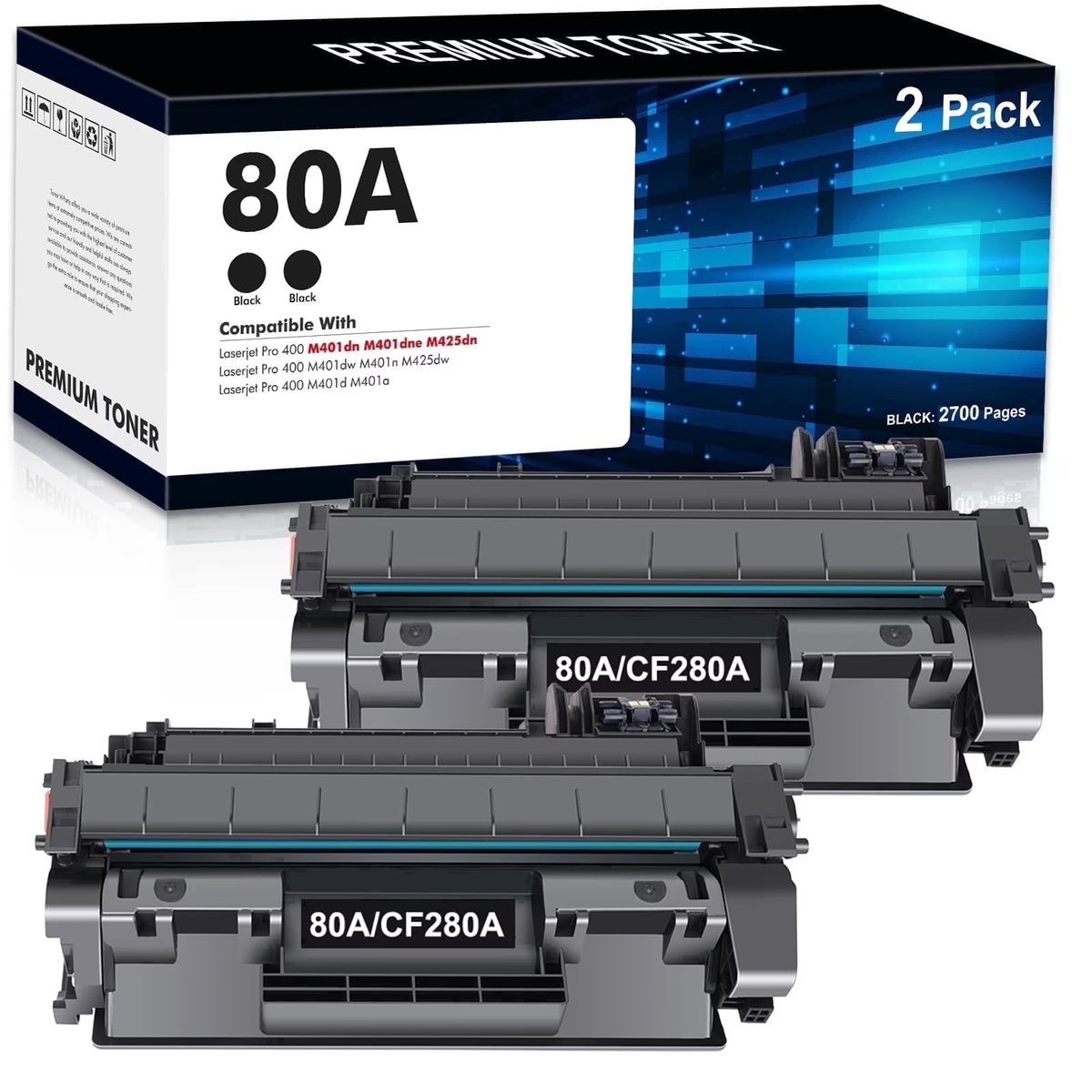 80A Black Toner Cartridge Compatible for HP CF280A 80X CF280X LaserJet Pro 400 M401 M401A M401D M401N M401DNE MFP M425 M425DN Printer (2-Pack)